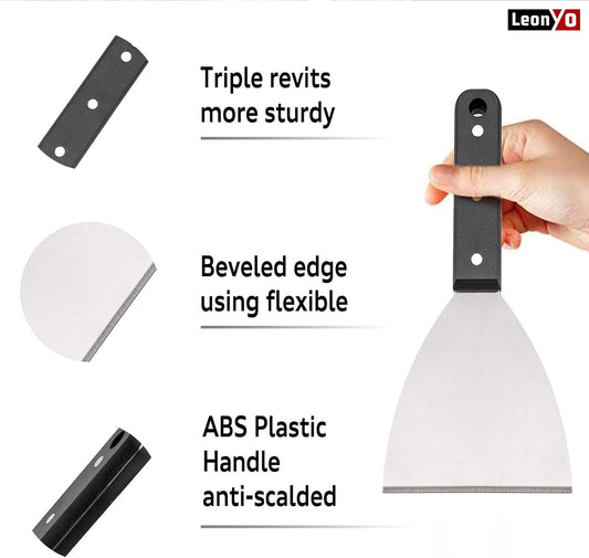 Metal Griddle Spatula Scraper Tool For Barbecue Food, 2 Pack | Stainless Steel Griddle Scraper For Flat Top Grill, Heavy Duty Grill Scraper Diner Flat Straight Blade With Plastic Handle