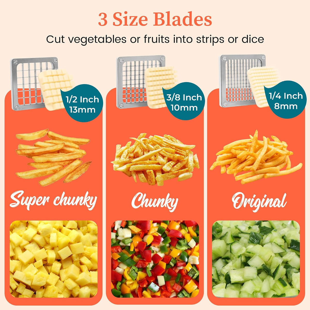 French Fry Cutter with 1/4", 3/8", 1/2" Stainless Steel Blades