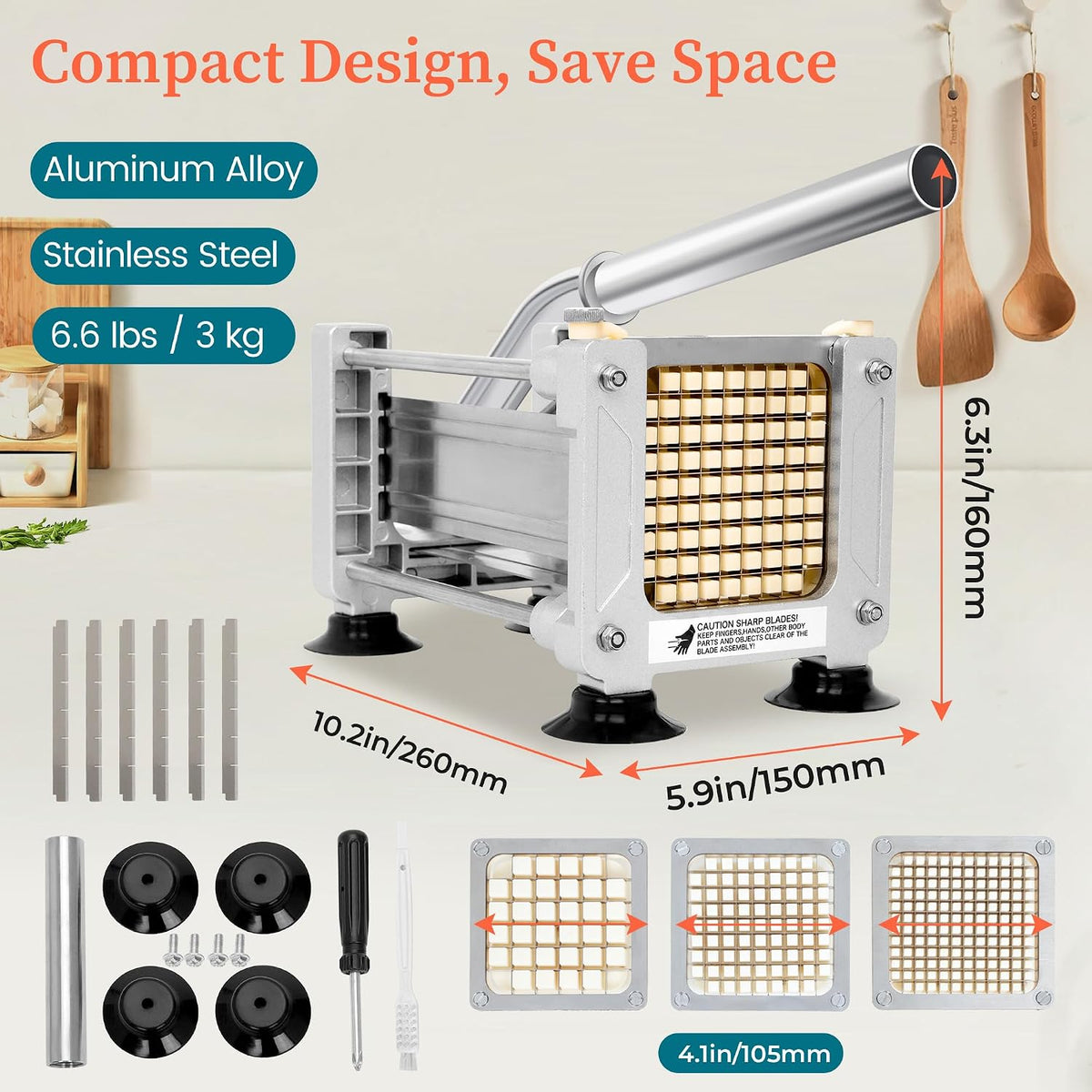 French Fry Cutter with 1/4", 3/8", 1/2" Stainless Steel Blades