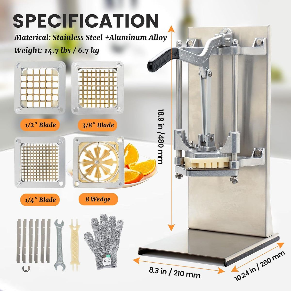 French Fry Cutter with 1/4", 3/8", 1/2" Stainless Steel Blades