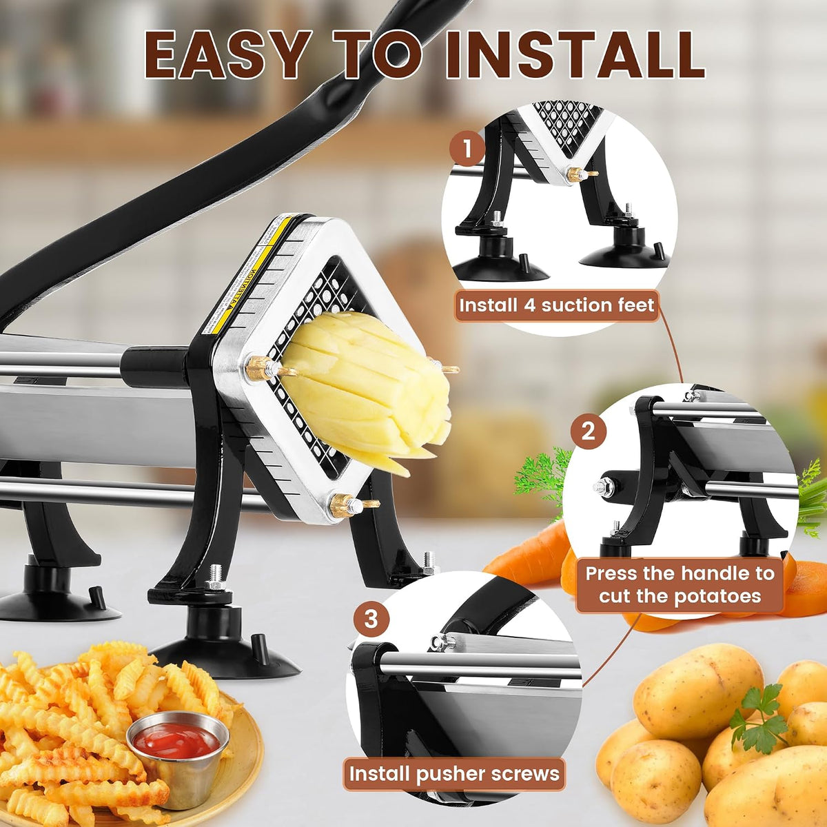 French Fry Cutter with 1/4", 3/8", 1/2" Stainless Steel Blades