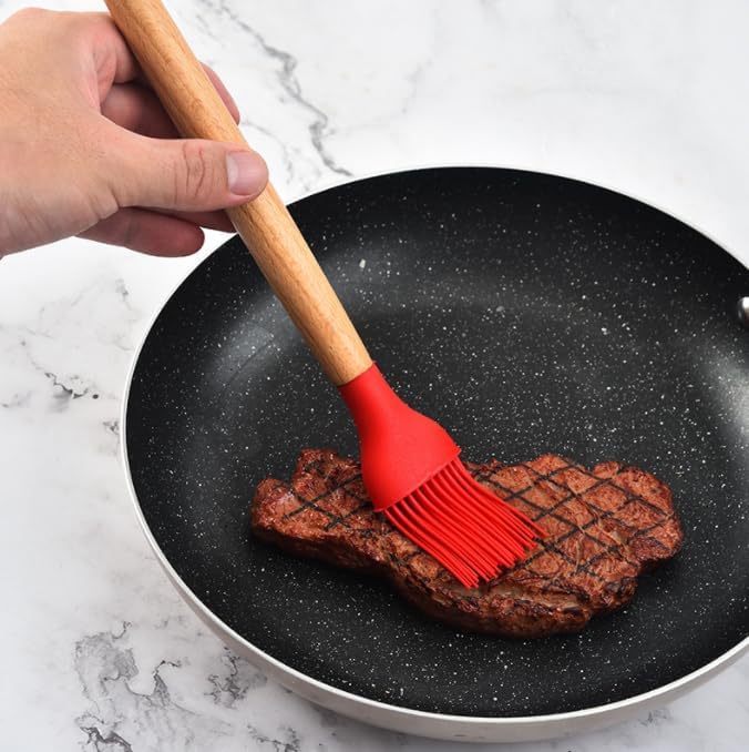 Silicone Oil Brush with Wooden Handle,Durable Basting Brush Pastry Brush,Easy to Clean for Cooking Baking Grilling (Red)