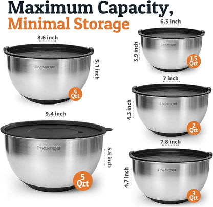 Stainless Steel Mixing Bowls with Lids Set, 3 Grater Attachments, Airtight Lids, Non-Slip Silicone Base Mixing Bowl Set, Large Prep Metal Mixing Bowls for Kitchen, Black