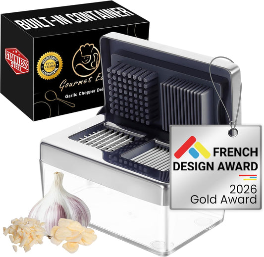 Garlic Press Chopper, 2-in-1 Slicer & Dicer, Fridge Friendly | Airtight Container Keeps Garlic and Ginger Fresh, Cleaning Sieve Included, Stainless Steel, Dishwasher Safe, 5-Year Warranty