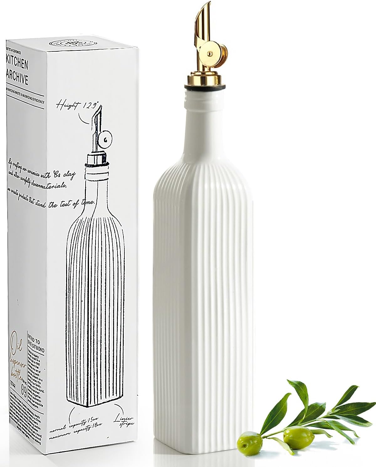18 OZ Olive Oil Dispenser Bottle For Kithen with Golden Pourer | Ceramic, Automatic Stainless Steel Pourer, For Kitchen