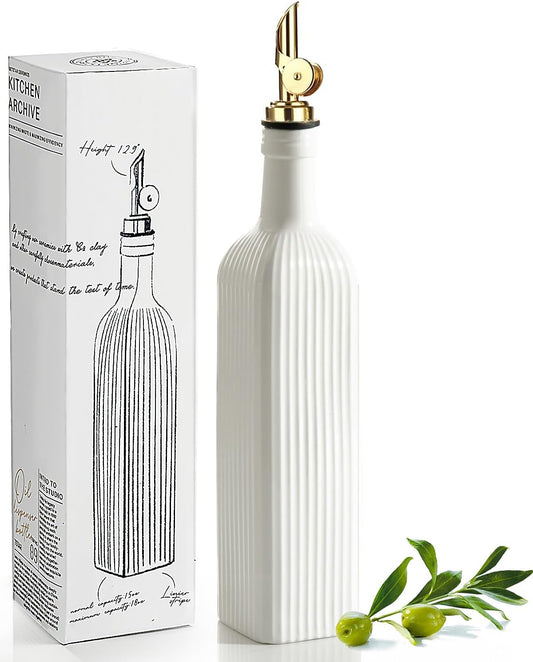 18 OZ Olive Oil Dispenser Bottle For Kithen with Golden Pourer | Ceramic, Automatic Stainless Steel Pourer, For Kitchen