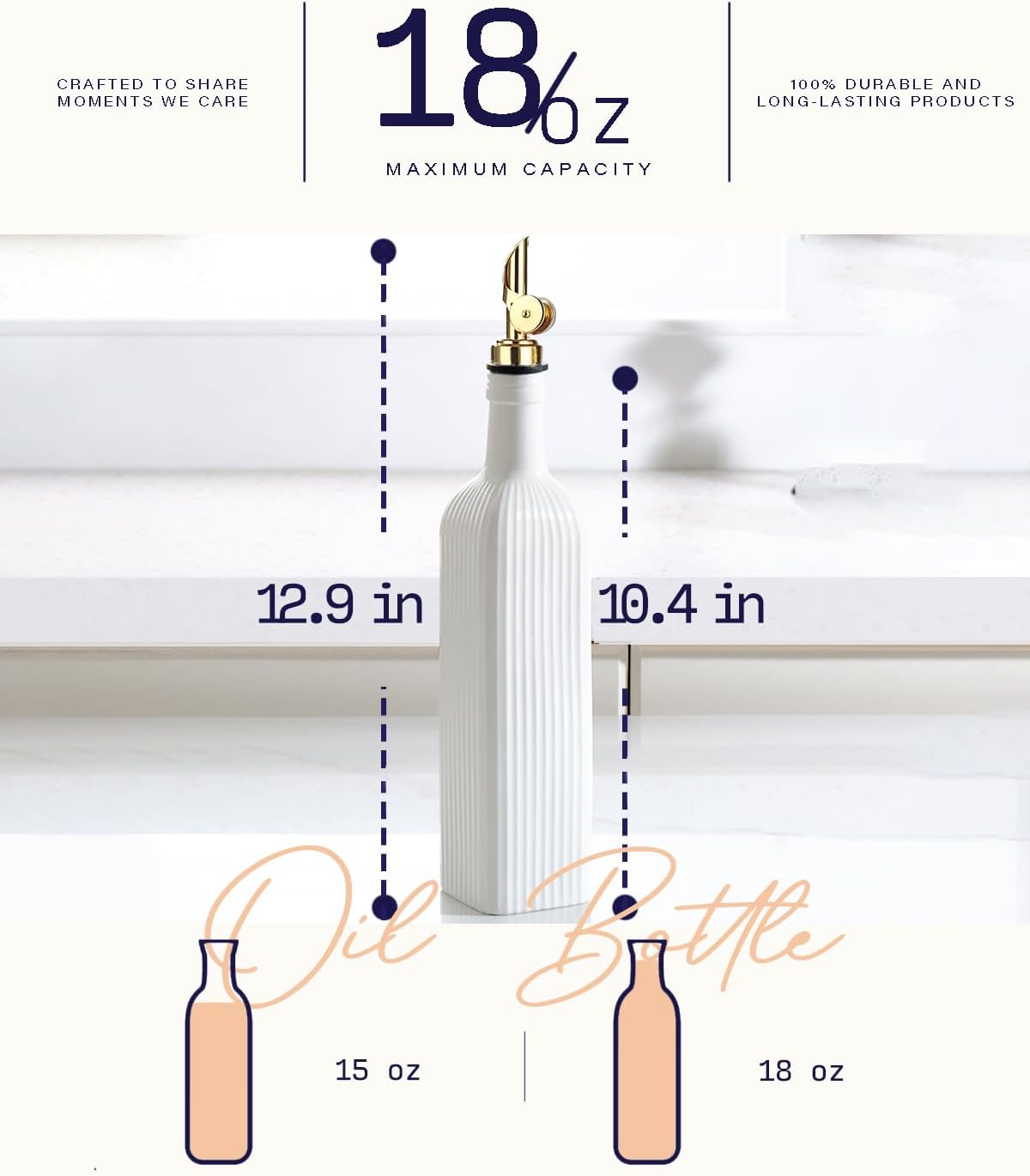 18 OZ Olive Oil Dispenser Bottle For Kithen with Golden Pourer | Ceramic, Automatic Stainless Steel Pourer, For Kitchen