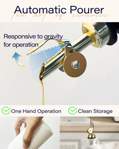 18 OZ Olive Oil Dispenser Bottle For Kithen with Golden Pourer | Ceramic, Automatic Stainless Steel Pourer, For Kitchen