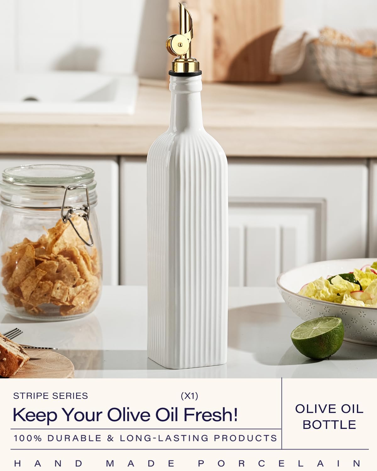 18 OZ Olive Oil Dispenser Bottle For Kithen with Golden Pourer | Ceramic, Automatic Stainless Steel Pourer, For Kitchen