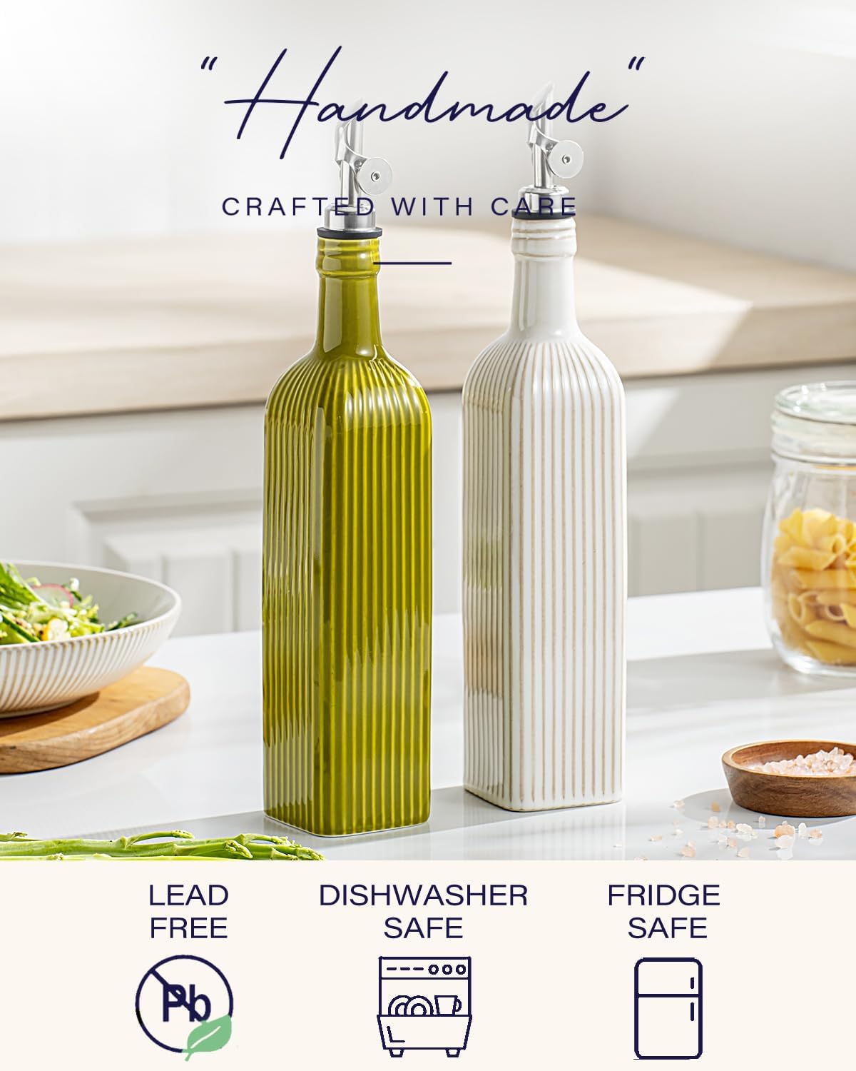 18 OZ Olive Oil Dispenser Bottle For Kithen with Golden Pourer | Ceramic, Automatic Stainless Steel Pourer, For Kitchen