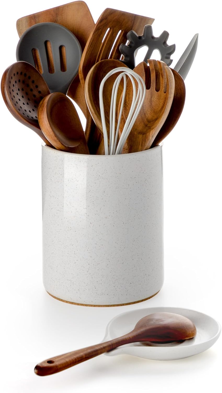 Utensil Holder with Spoon Rest, 6.4'' Ceramic Kitchen Utensil Crock | Heavyweight Countertop Organizer, Non-Slip Cork Base, Large Holds 10–15 Utensils