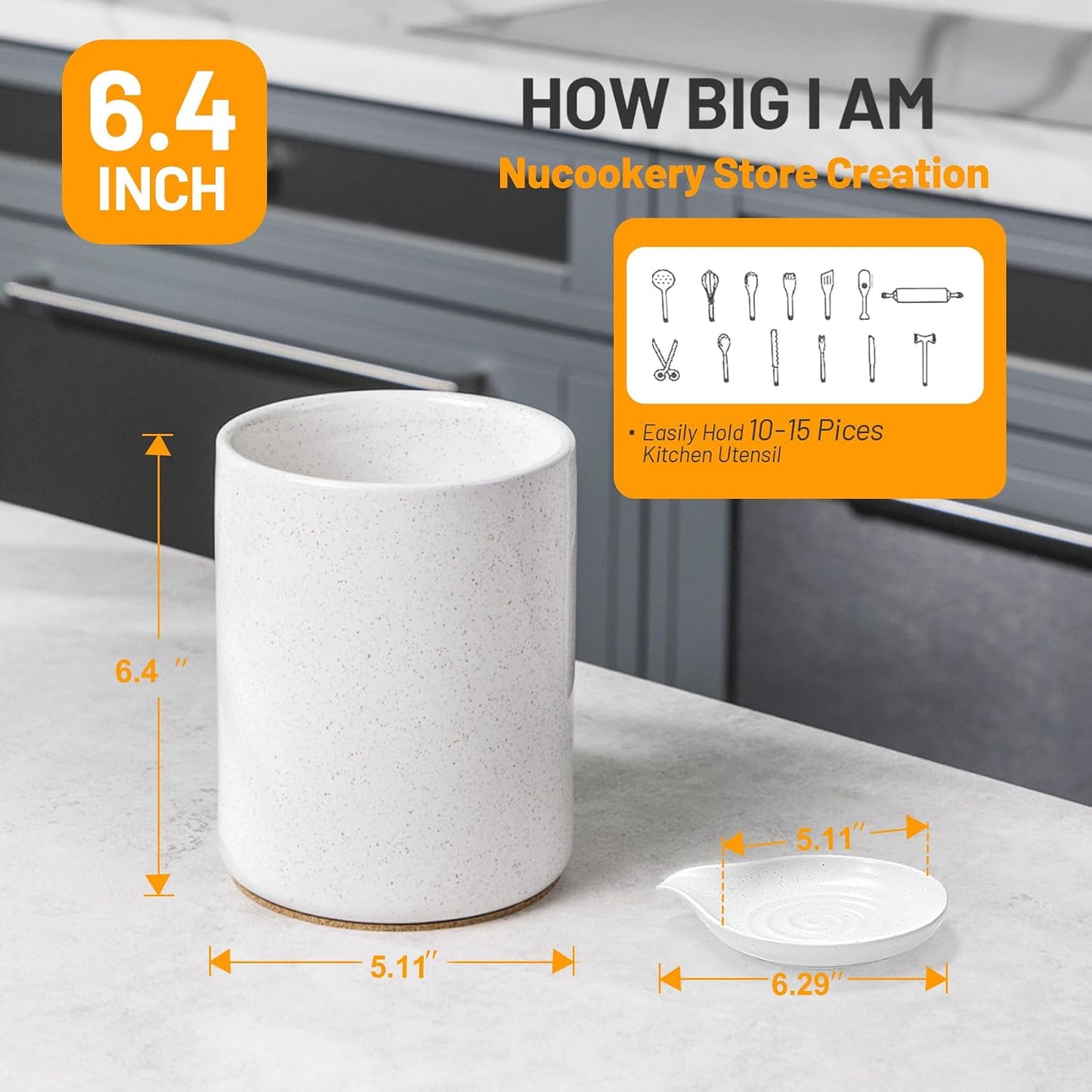 Utensil Holder with Spoon Rest, 6.4'' Ceramic Kitchen Utensil Crock | Heavyweight Countertop Organizer, Non-Slip Cork Base, Large Holds 10–15 Utensils