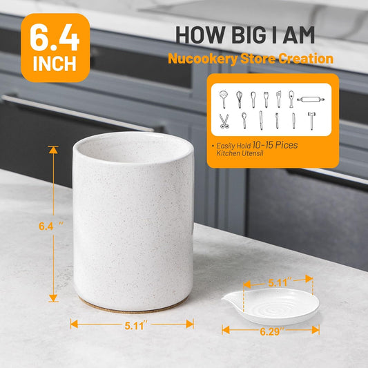 Utensil Holder with Spoon Rest, 6.4'' Ceramic Kitchen Utensil Crock | Heavyweight Countertop Organizer, Non-Slip Cork Base, Large Holds 10–15 Utensils