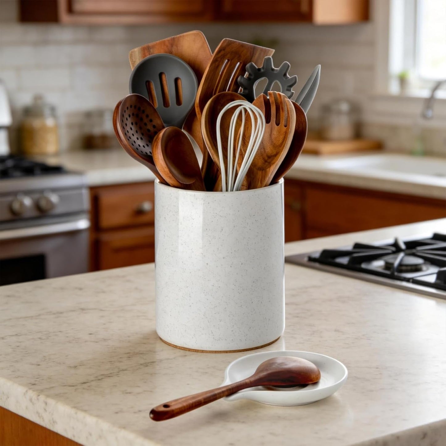 Utensil Holder with Spoon Rest, 6.4'' Ceramic Kitchen Utensil Crock | Heavyweight Countertop Organizer, Non-Slip Cork Base, Large Holds 10–15 Utensils