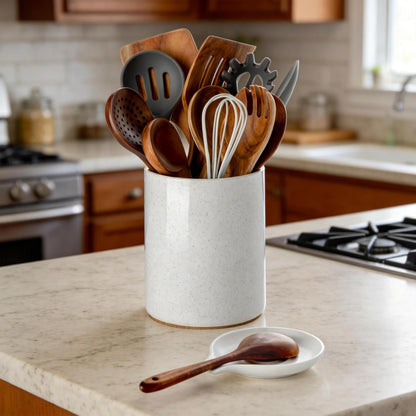Utensil Holder with Spoon Rest, 6.4'' Ceramic Kitchen Utensil Crock | Heavyweight Countertop Organizer, Non-Slip Cork Base, Large Holds 10–15 Utensils