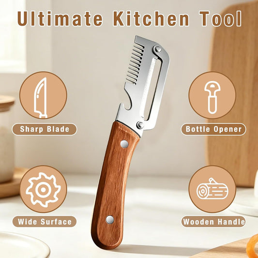 Vegetable Peeler for Kitchen,Multifunctional Vegetable Peeler With Wooden Handle And Bottle Opener,Vegetable Peelers,2-in-1 Stainless Steel Kitchen Tool for Fruit Apple Potato Pumpkin Papaya(3pcs)