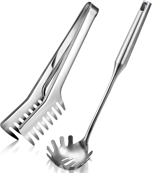 Stainless Steel Spaghetti Spoon and Pasta Tongs Set, Long Handle Noodle Server Tools with Drain Holes, Non-slip Grip for Cooking, Serving Pasta and Noodles(Sliver)