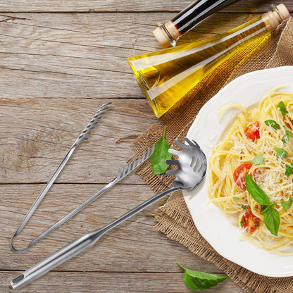 Stainless Steel Spaghetti Spoon and Pasta Tongs Set, Long Handle Noodle Server Tools with Drain Holes, Non-slip Grip for Cooking, Serving Pasta and Noodles(Sliver)