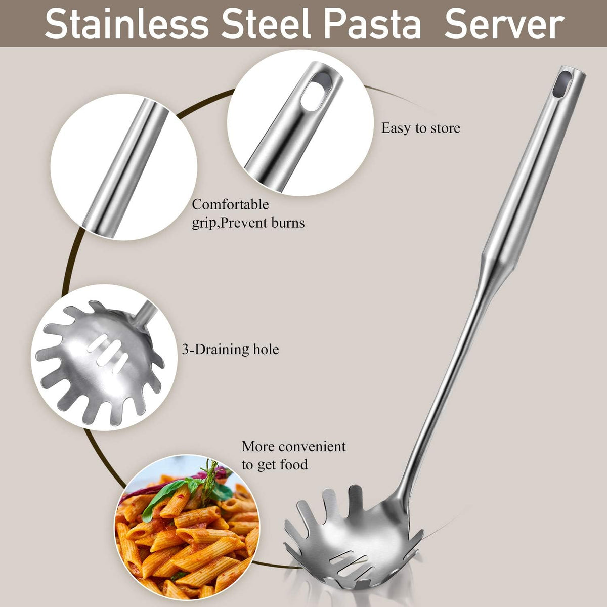 Stainless Steel Spaghetti Spoon and Pasta Tongs Set, Long Handle Noodle Server Tools with Drain Holes, Non-slip Grip for Cooking, Serving Pasta and Noodles(Sliver)