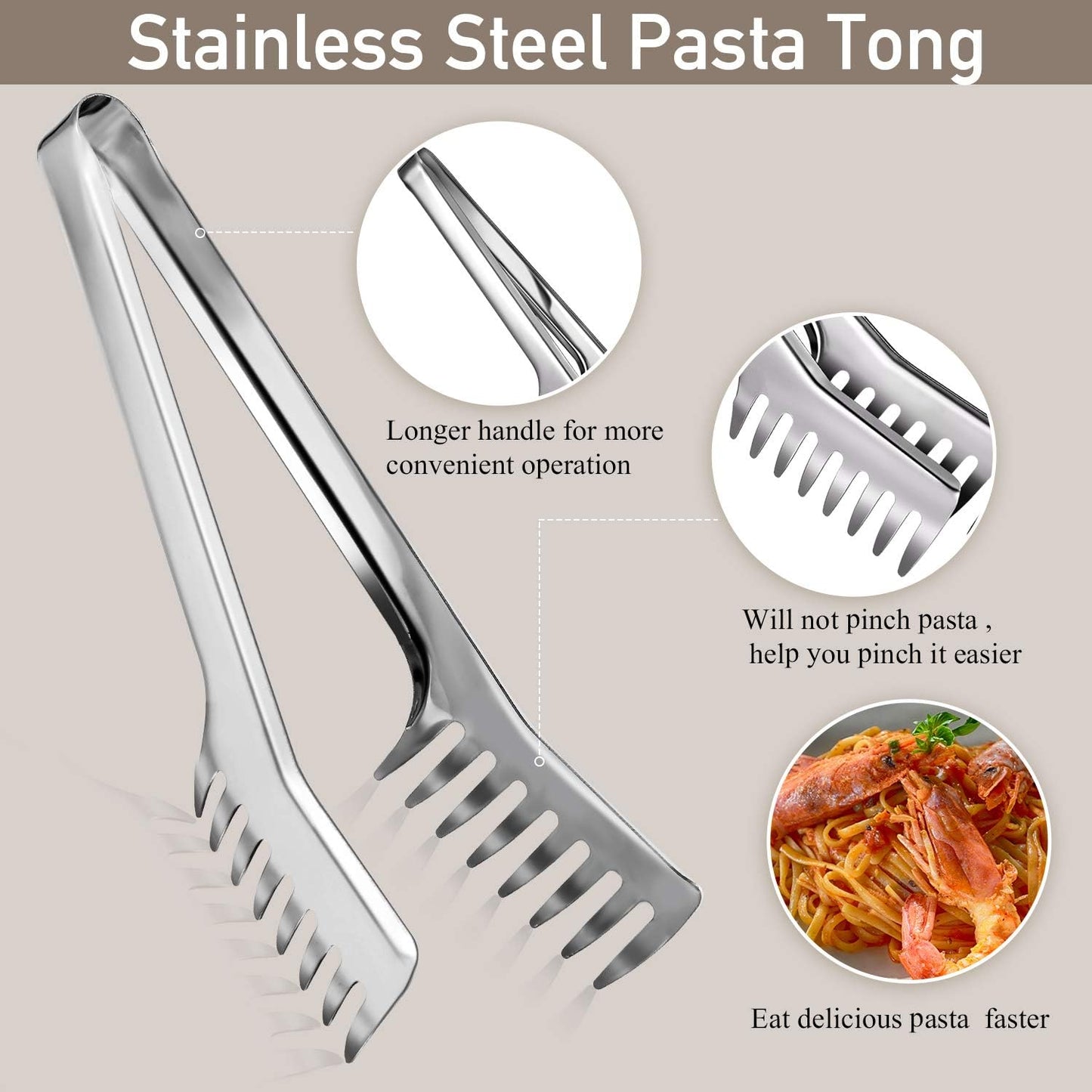 Stainless Steel Spaghetti Spoon and Pasta Tongs Set, Long Handle Noodle Server Tools with Drain Holes, Non-slip Grip for Cooking, Serving Pasta and Noodles(Sliver)