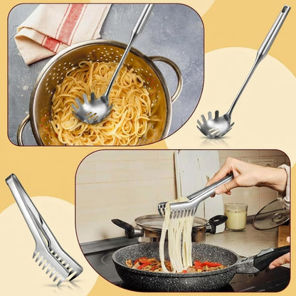Stainless Steel Spaghetti Spoon and Pasta Tongs Set, Long Handle Noodle Server Tools with Drain Holes, Non-slip Grip for Cooking, Serving Pasta and Noodles(Sliver)