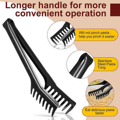 Stainless Steel Spaghetti Spoon and Pasta Tongs Set, Long Handle Noodle Server Tools with Drain Holes, Non-slip Grip for Cooking, Serving Pasta and Noodles(Sliver)