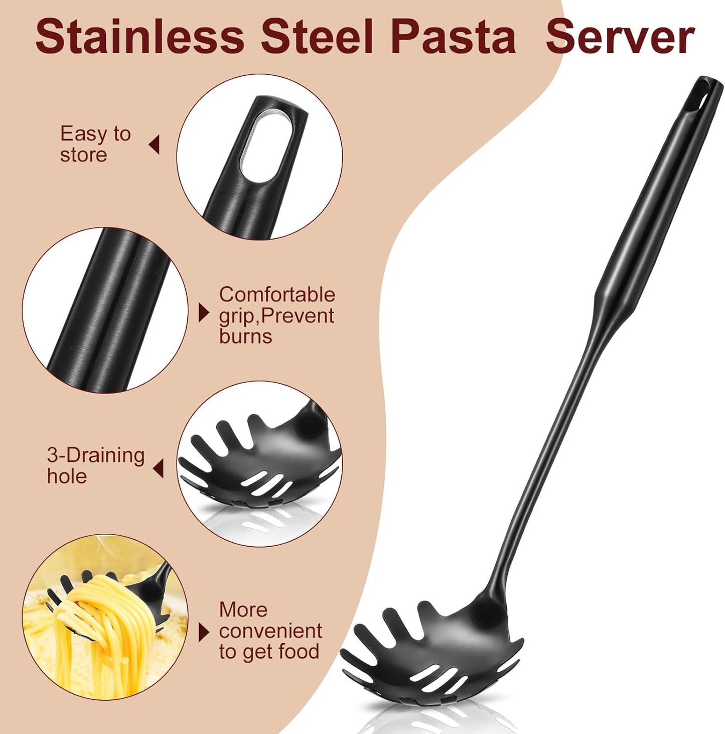 Stainless Steel Spaghetti Spoon and Pasta Tongs Set, Long Handle Noodle Server Tools with Drain Holes, Non-slip Grip for Cooking, Serving Pasta and Noodles(Sliver)