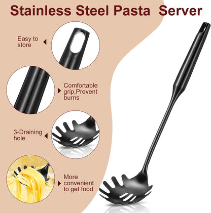 Stainless Steel Spaghetti Spoon and Pasta Tongs Set, Long Handle Noodle Server Tools with Drain Holes, Non-slip Grip for Cooking, Serving Pasta and Noodles(Sliver)