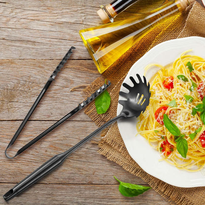 Stainless Steel Spaghetti Spoon and Pasta Tongs Set, Long Handle Noodle Server Tools with Drain Holes, Non-slip Grip for Cooking, Serving Pasta and Noodles(Sliver)