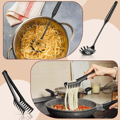 Stainless Steel Spaghetti Spoon and Pasta Tongs Set, Long Handle Noodle Server Tools with Drain Holes, Non-slip Grip for Cooking, Serving Pasta and Noodles(Sliver)