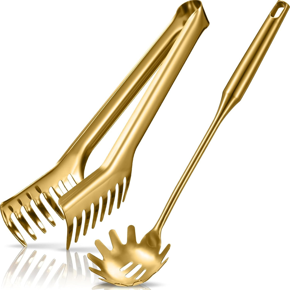 Stainless Steel Spaghetti Spoon and Pasta Tongs Set, Long Handle Noodle Server Tools with Drain Holes, Non-slip Grip for Cooking, Serving Pasta and Noodles(Sliver)
