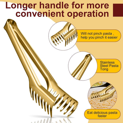 Stainless Steel Spaghetti Spoon and Pasta Tongs Set, Long Handle Noodle Server Tools with Drain Holes, Non-slip Grip for Cooking, Serving Pasta and Noodles(Sliver)