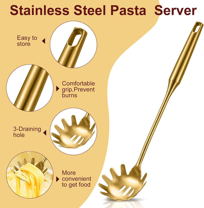 Stainless Steel Spaghetti Spoon and Pasta Tongs Set, Long Handle Noodle Server Tools with Drain Holes, Non-slip Grip for Cooking, Serving Pasta and Noodles(Sliver)