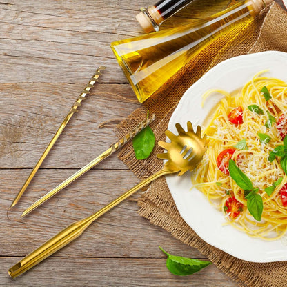 Stainless Steel Spaghetti Spoon and Pasta Tongs Set, Long Handle Noodle Server Tools with Drain Holes, Non-slip Grip for Cooking, Serving Pasta and Noodles(Sliver)