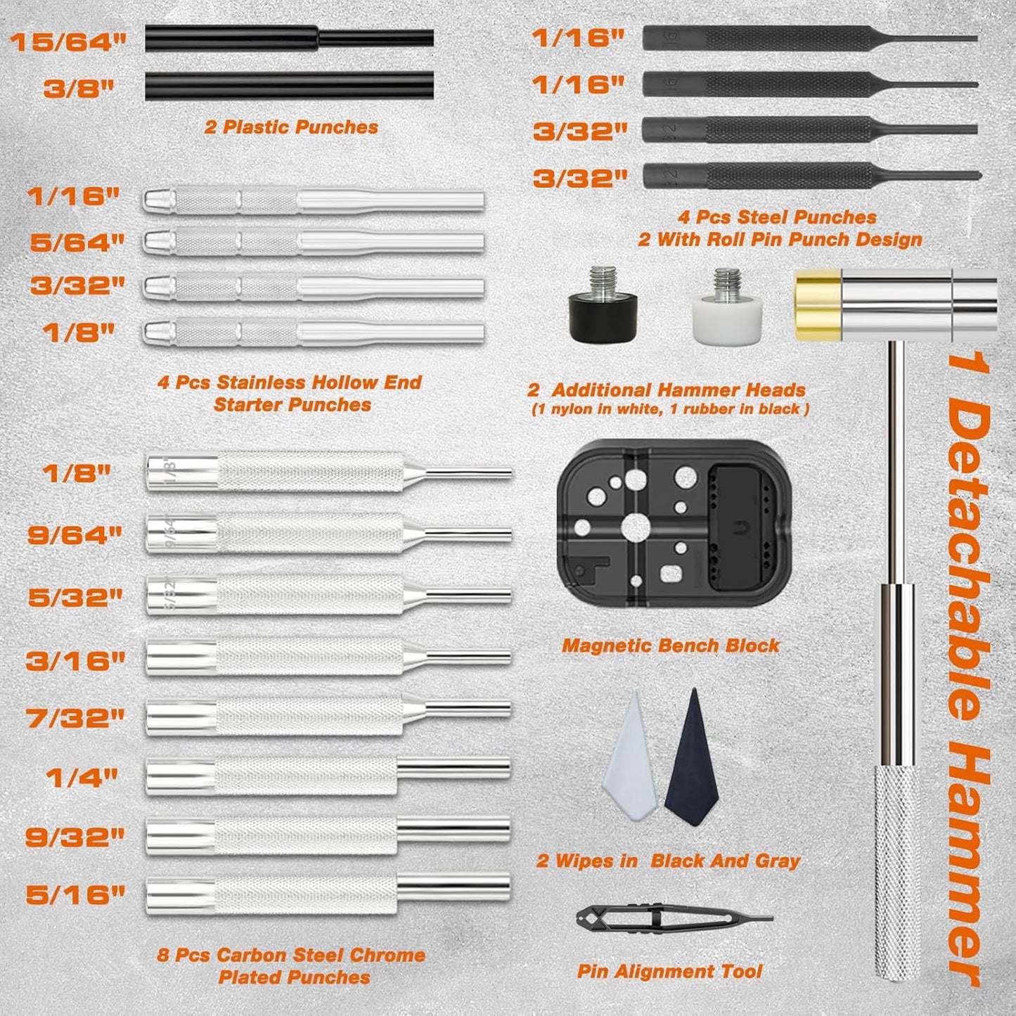 25pc Punch Set and Hammer, Roll Pin Punch Set with Bench Block | Complete Punch Set, Enhanced Magnetic Bench Block, 4 Replaceable Hammer Faces, Heat-Treated 40#Cr Steel, Compact Case
