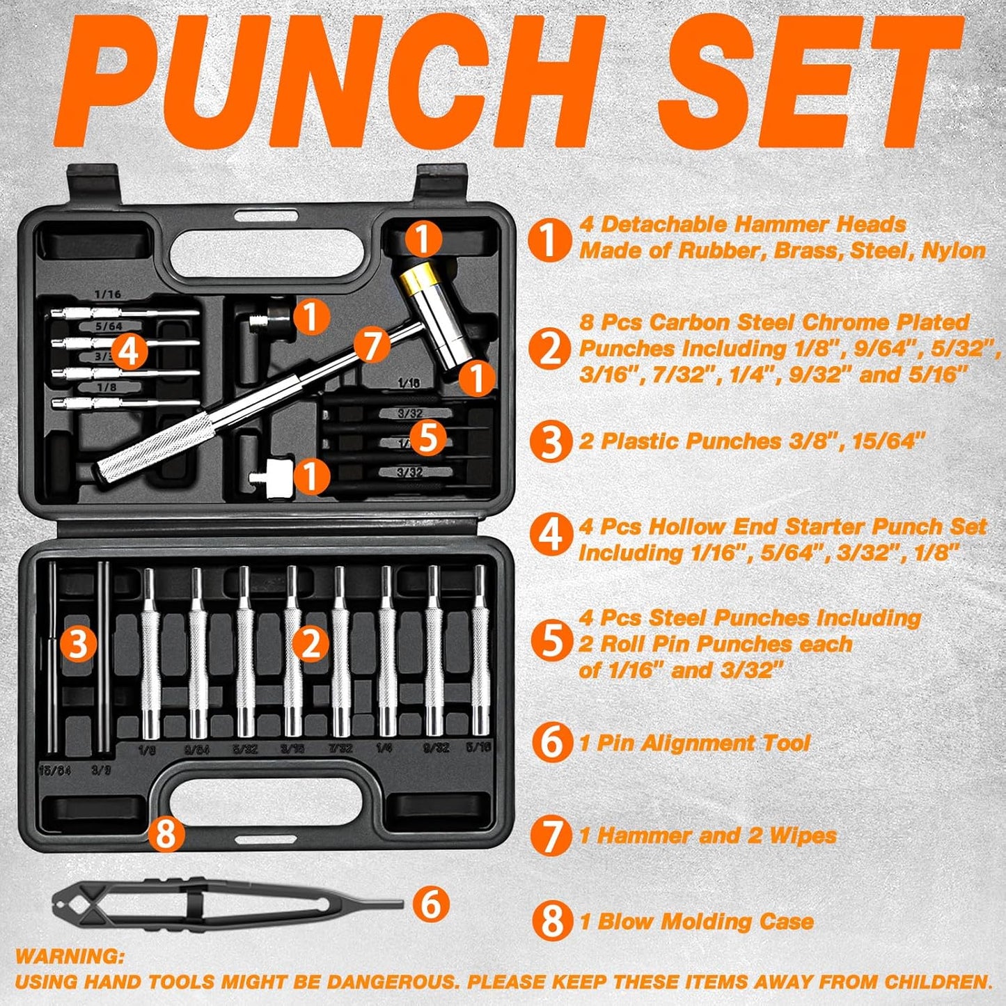 25pc Punch Set and Hammer, Roll Pin Punch Set with Bench Block | Complete Punch Set, Enhanced Magnetic Bench Block, 4 Replaceable Hammer Faces, Heat-Treated 40#Cr Steel, Compact Case