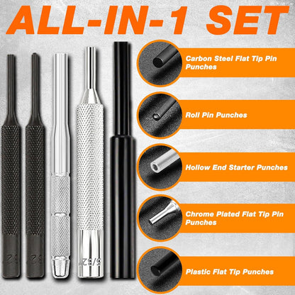 25pc Punch Set and Hammer, Roll Pin Punch Set with Bench Block | Complete Punch Set, Enhanced Magnetic Bench Block, 4 Replaceable Hammer Faces, Heat-Treated 40#Cr Steel, Compact Case