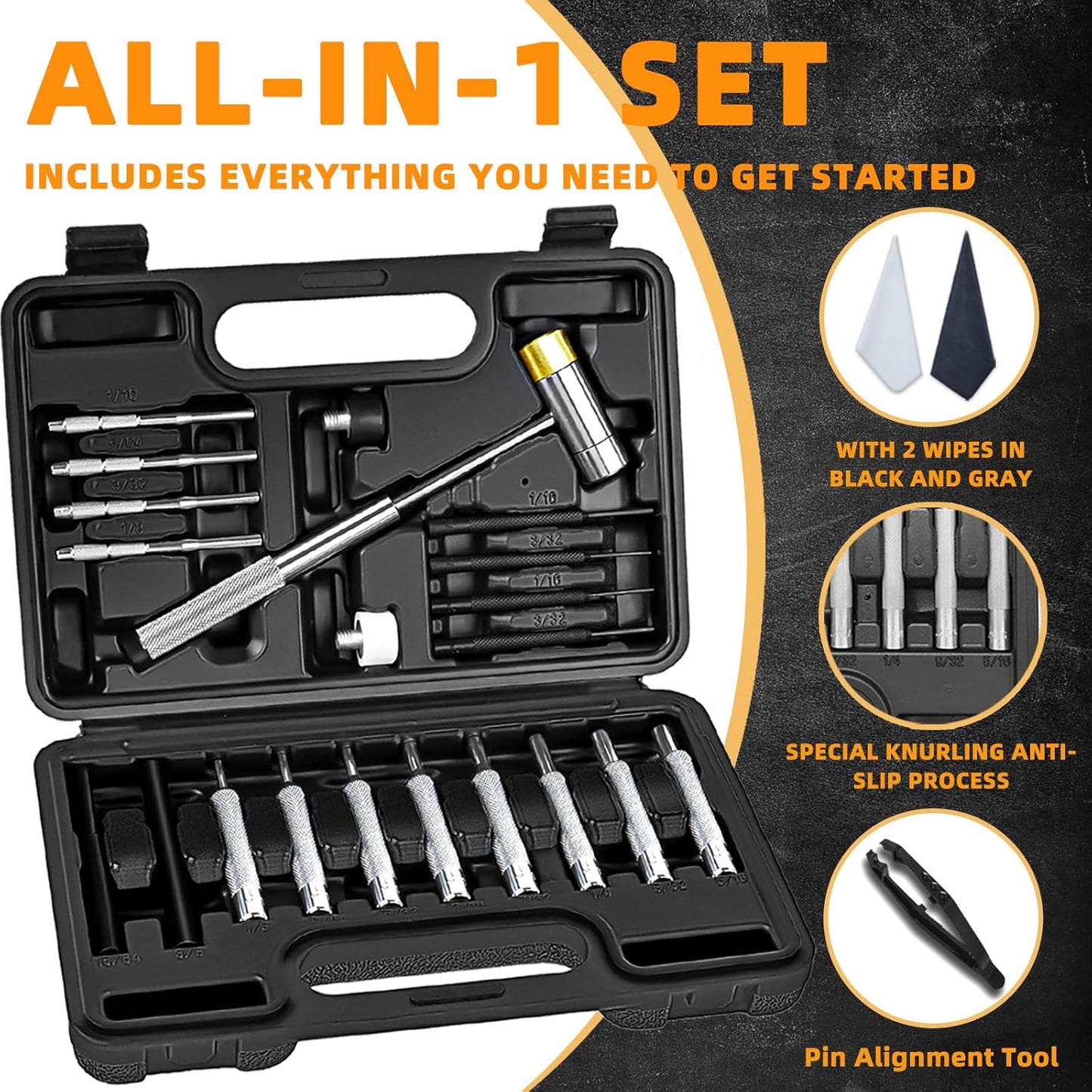 25pc Punch Set and Hammer, Roll Pin Punch Set with Bench Block | Complete Punch Set, Enhanced Magnetic Bench Block, 4 Replaceable Hammer Faces, Heat-Treated 40#Cr Steel, Compact Case