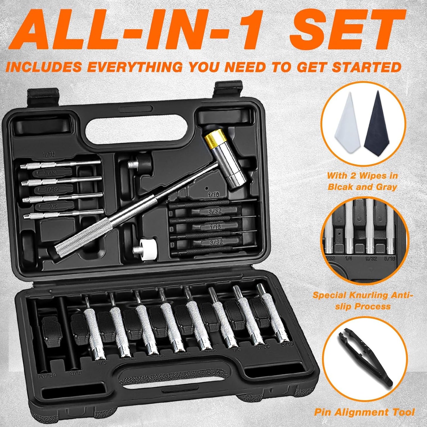 25pc Punch Set and Hammer, Roll Pin Punch Set with Bench Block | Complete Punch Set, Enhanced Magnetic Bench Block, 4 Replaceable Hammer Faces, Heat-Treated 40#Cr Steel, Compact Case