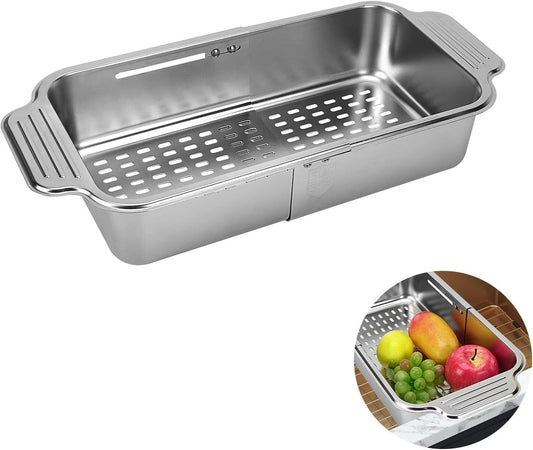 Expandable Dish Drying Rack Over The Sink, Stainless Steel Drainer Basket with Adjustable Arms for Vegetable and Fruit (Silver)