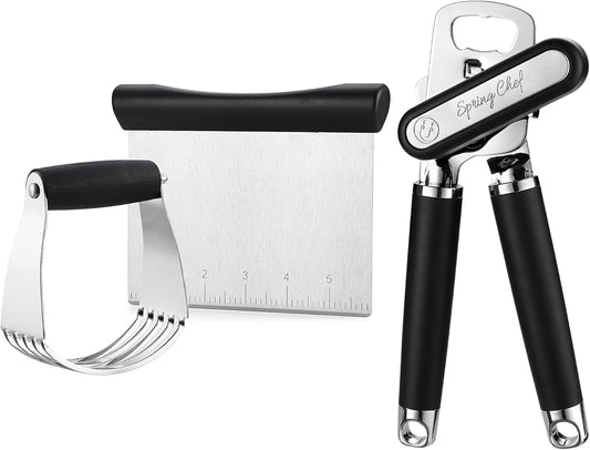 Stainless Steel Dough Blender and Pastry Cutter & Heavy Duty Can Opener with Magnetic Lid Remover - 2 Product Bundle - Black