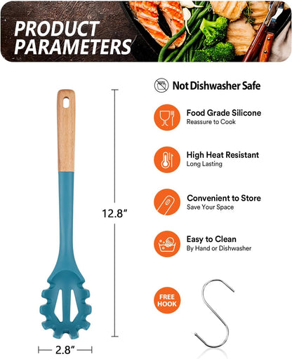 Silicone Pasta Fork, Kitchen Heat Resistant Noodle Spoon Server, BPA Free Spaghetti Strainer,12.8 inch (Khaki)