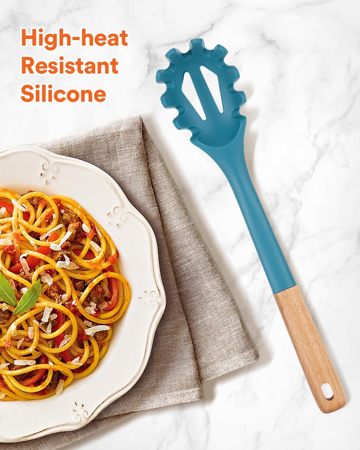 Silicone Pasta Fork, Kitchen Heat Resistant Noodle Spoon Server, BPA Free Spaghetti Strainer,12.8 inch (Khaki)