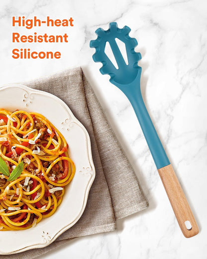 Silicone Pasta Fork, Kitchen Heat Resistant Noodle Spoon Server, BPA Free Spaghetti Strainer,12.8 inch (Khaki)