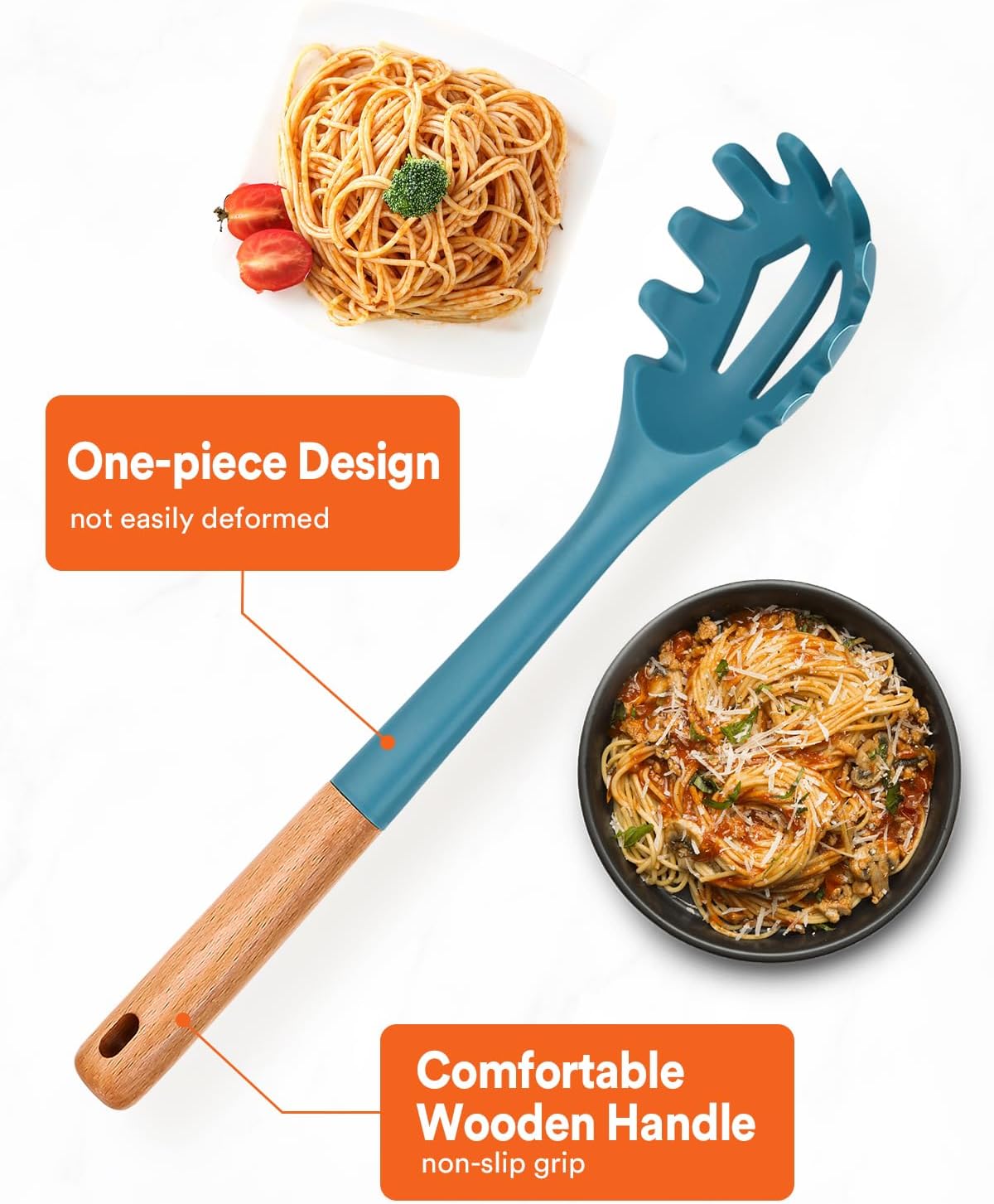 Silicone Pasta Fork, Kitchen Heat Resistant Noodle Spoon Server, BPA Free Spaghetti Strainer,12.8 inch (Khaki)