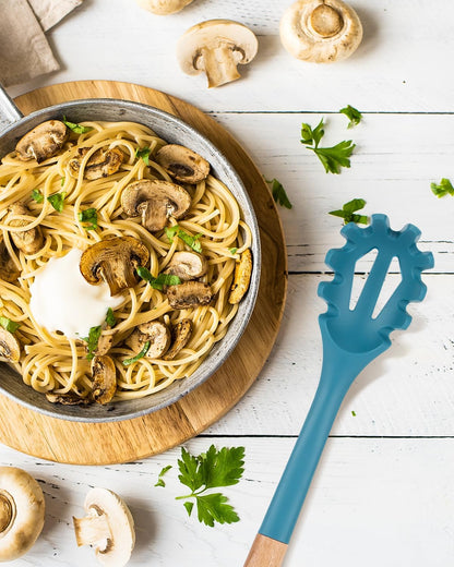 Silicone Pasta Fork, Kitchen Heat Resistant Noodle Spoon Server, BPA Free Spaghetti Strainer,12.8 inch (Khaki)