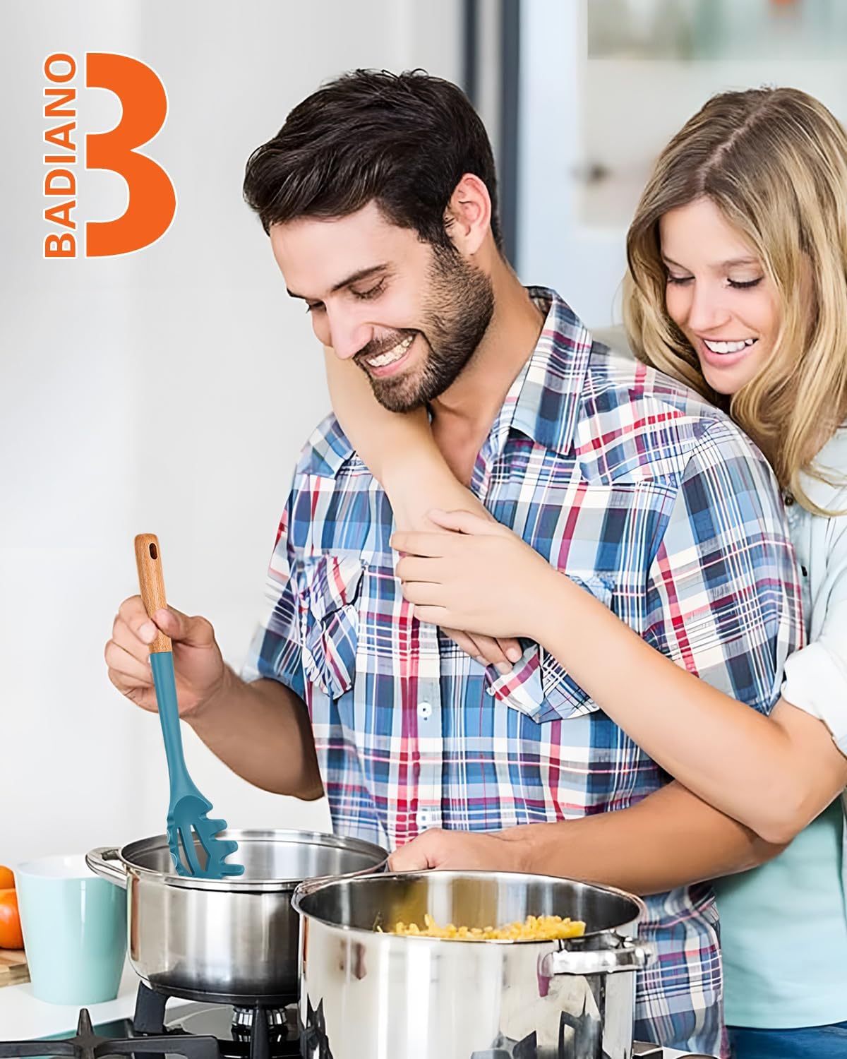 Silicone Pasta Fork, Kitchen Heat Resistant Noodle Spoon Server, BPA Free Spaghetti Strainer,12.8 inch (Khaki)