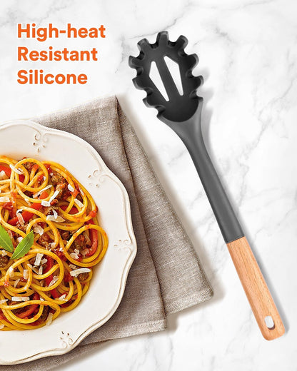 Silicone Pasta Fork, Kitchen Heat Resistant Noodle Spoon Server, BPA Free Spaghetti Strainer,12.8 inch (Khaki)