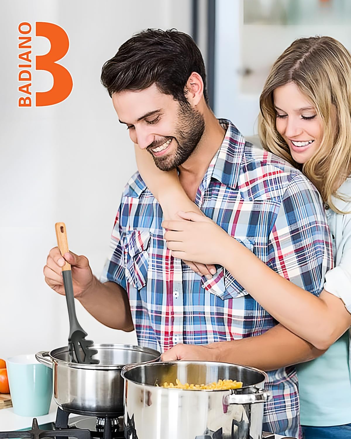Silicone Pasta Fork, Kitchen Heat Resistant Noodle Spoon Server, BPA Free Spaghetti Strainer,12.8 inch (Khaki)
