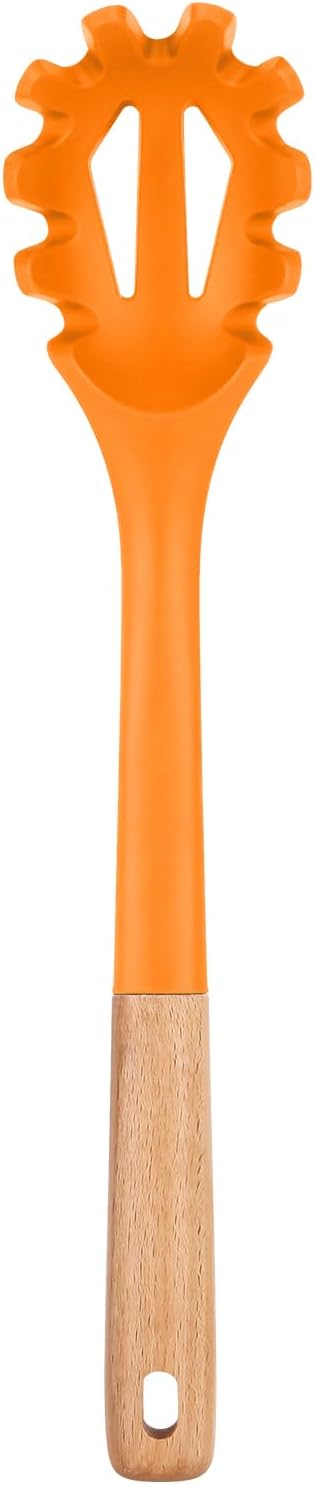 Silicone Pasta Fork, Kitchen Heat Resistant Noodle Spoon Server, BPA Free Spaghetti Strainer,12.8 inch (Khaki)